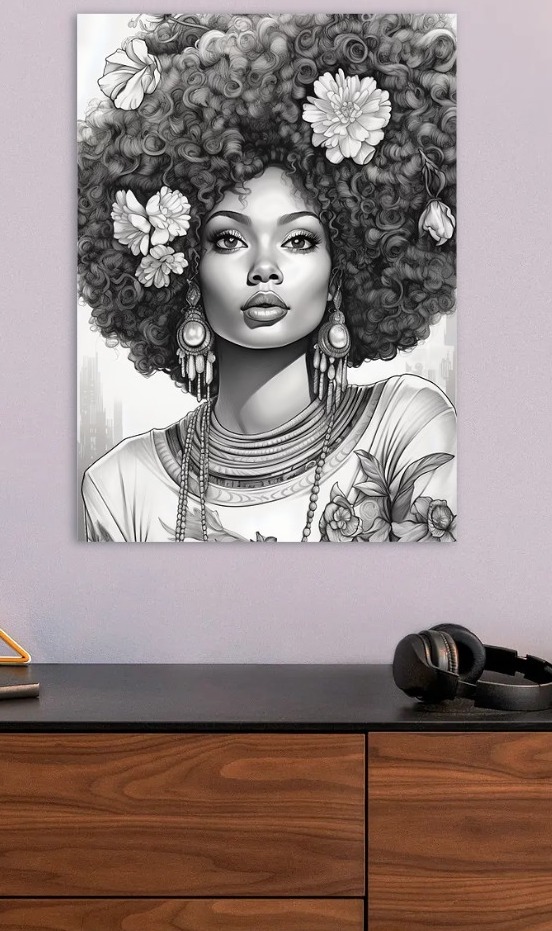 Monochrome Portrait of Woman with Flowers — metal poster wall art by Lineer
