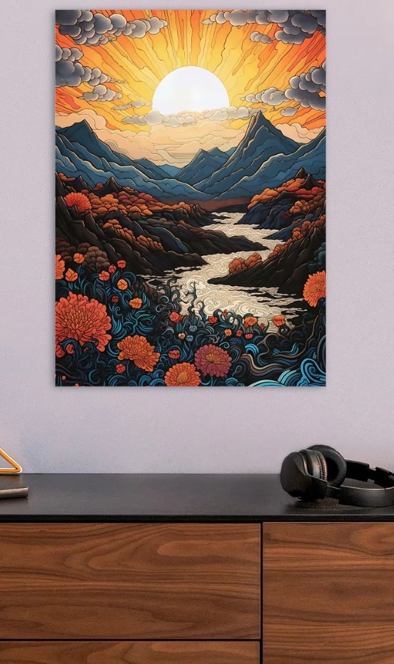 Mountain Landscape with River and Flowers — metal poster wall art by Lineer