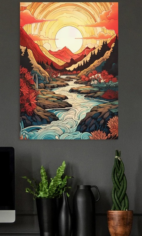 Mountain River at Sunset Illustration — metal poster wall art by Lineer