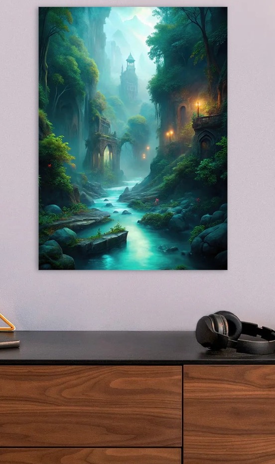 Mystical River Landscape with Ancient Arches — metal poster wall art by Lineer
