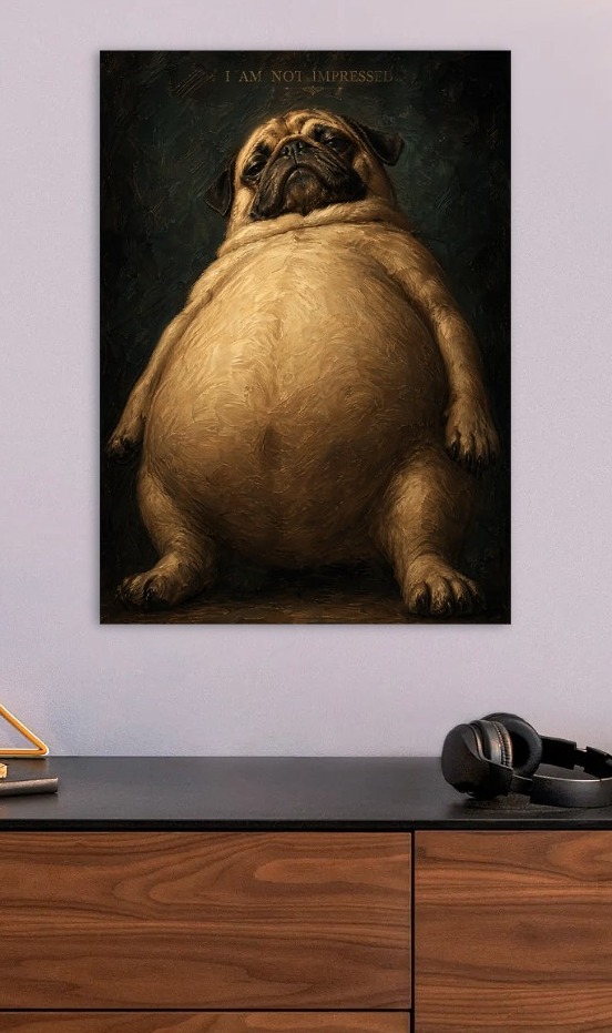 Overweight Pug I Am Not Impressed — metal poster wall art by Lineer