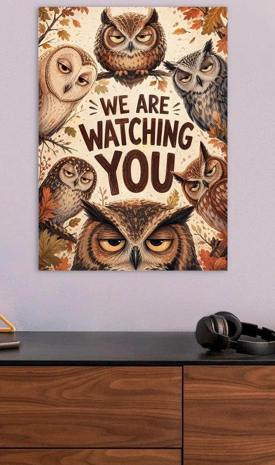 Owls Watching You Autumn Poster — metal poster wall art by Lineer