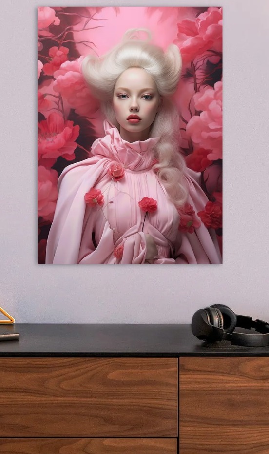 Pink Portrait with Flowers — metal poster wall art by Lineer