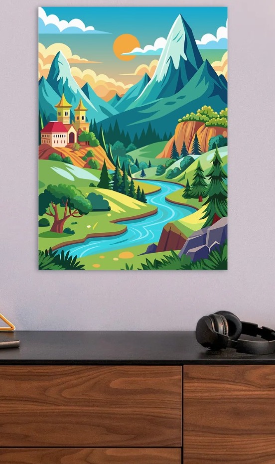 Pixel Art Fantasy Landscape with Castle — metal poster wall art by Lineer