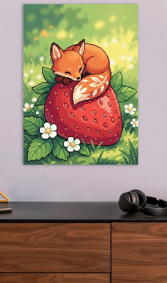 Pixel Art Fox Sleeping on Strawberry — metal poster wall art by Lineer