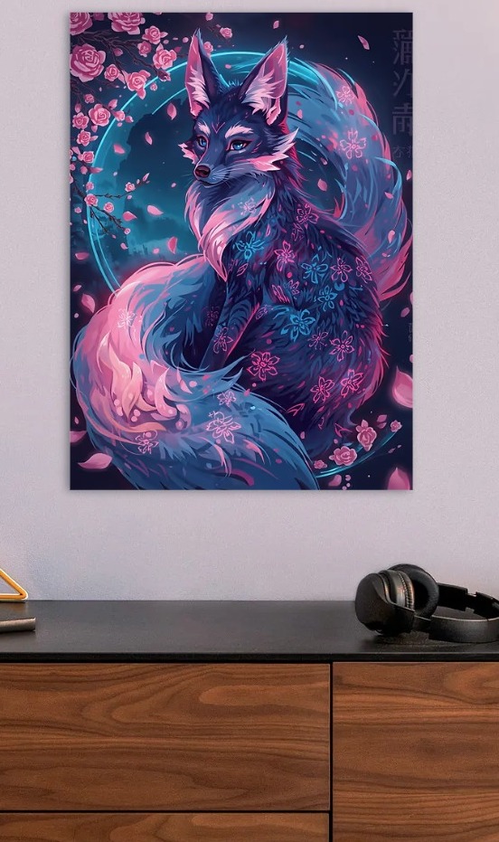 Pixel Art Fox with Cherry Blossoms — metal poster wall art by Lineer