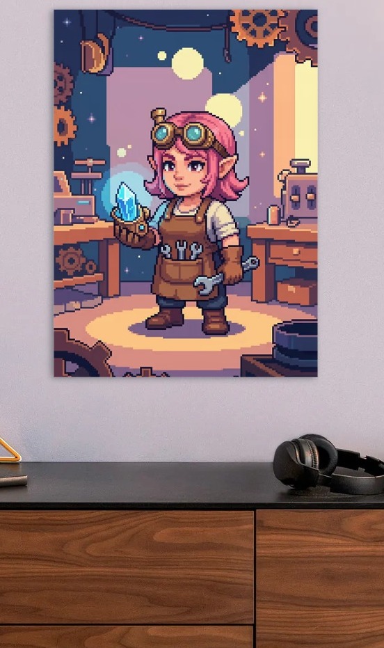 Pixel Art Gnome Mechanic with Crystal — metal poster wall art by Lineer