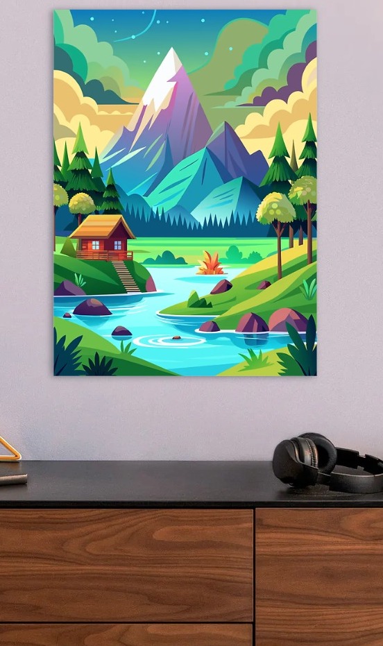 Pixel Art Mountain Cabin Landscape — metal poster wall art by Lineer
