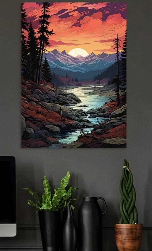 Pixel Art Mountain River Sunset Landscap — metal poster wall art by Lineer