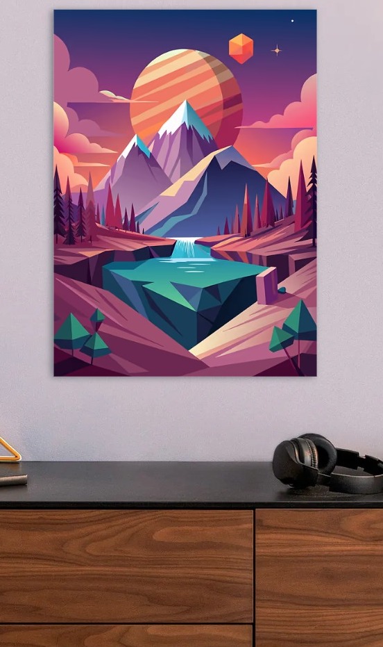 Pixelated Alien Landscape with Mountains — metal poster wall art by Lineer