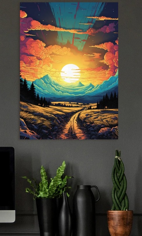 Pixelated Landscape with Sunset and Mountains — metal poster wall art by Lineer