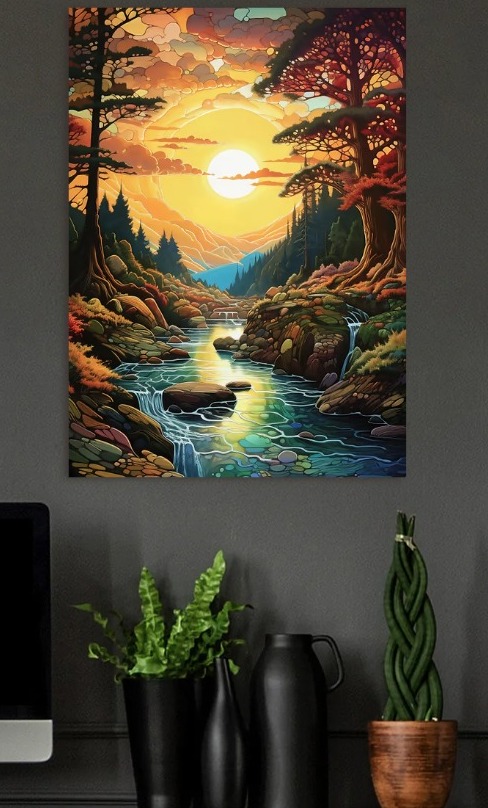 Pixelated Sunset River Landscape — metal poster wall art by Lineer