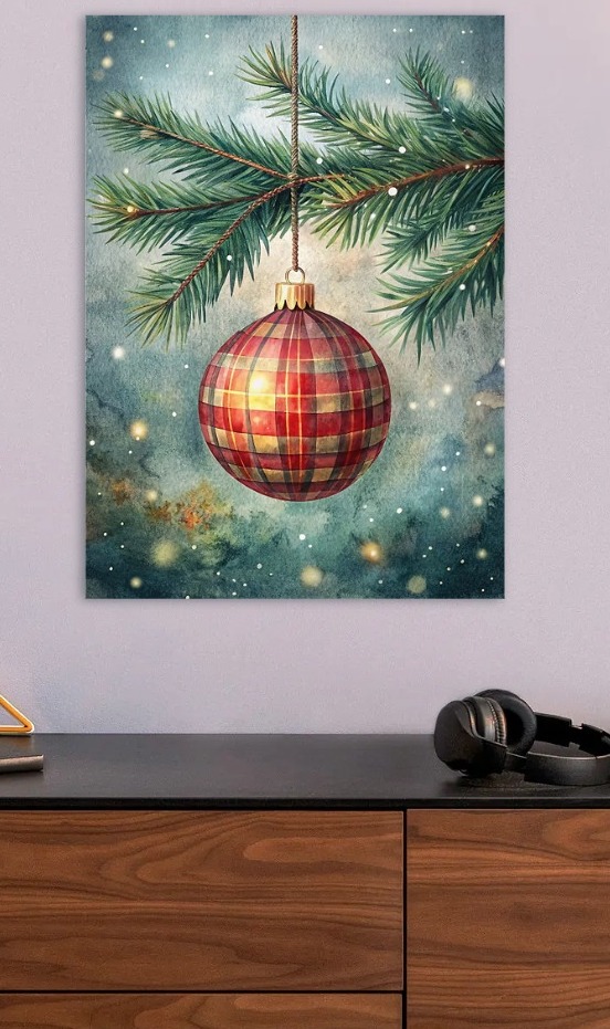 Plaid Christmas Ornament Watercolor — metal poster wall art by Lineer