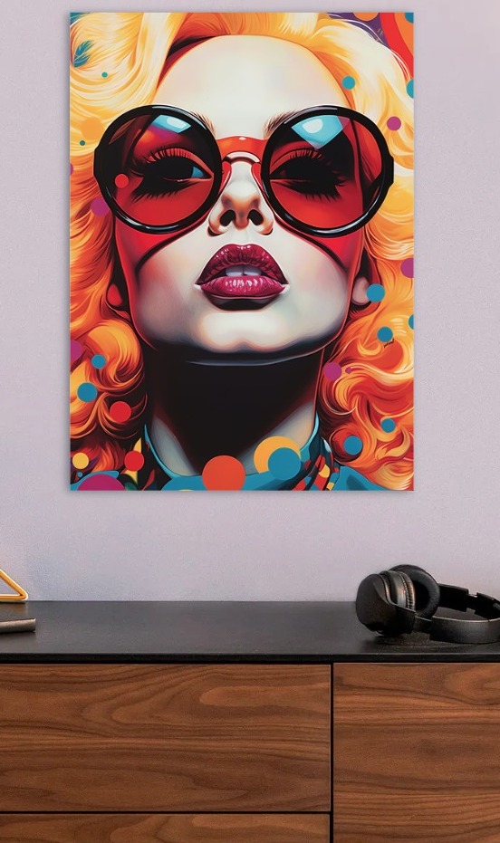 Pop Art Portrait with Round Sunglasses — metal poster wall art by Lineer