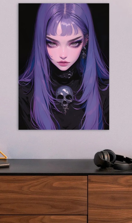 Purple-haired girl with skull pendant