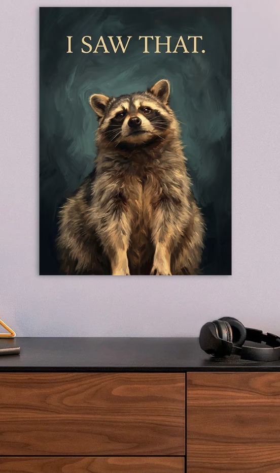 Raccoon I Saw That Painting — metal poster wall art by Lineer