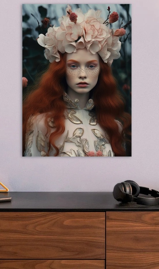 Red-haired woman with floral crown portr — metal poster wall art by Lineer