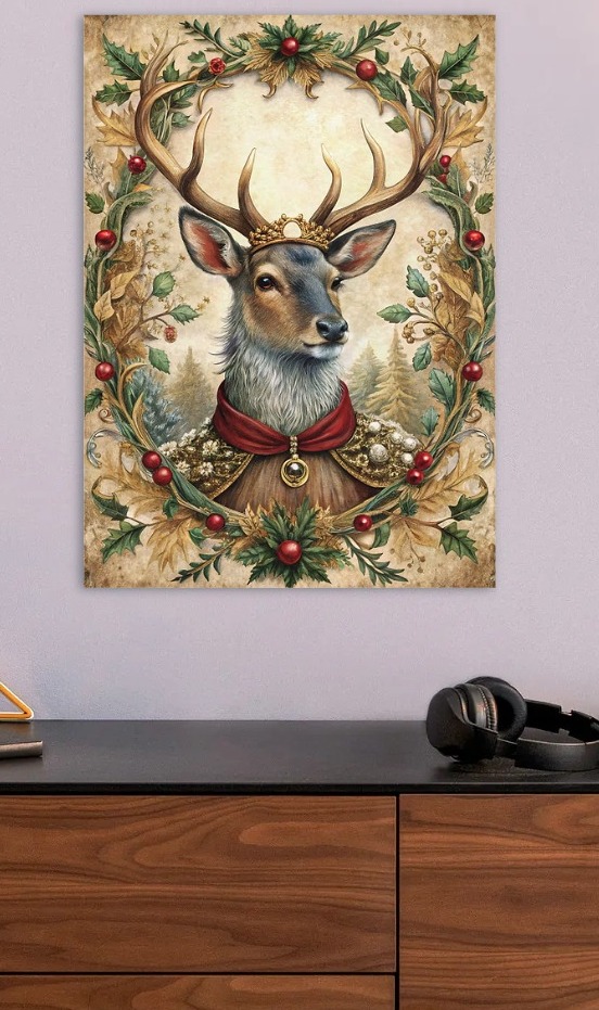 Regal Deer Portrait with Festive Wreath — metal poster wall art by Lineer