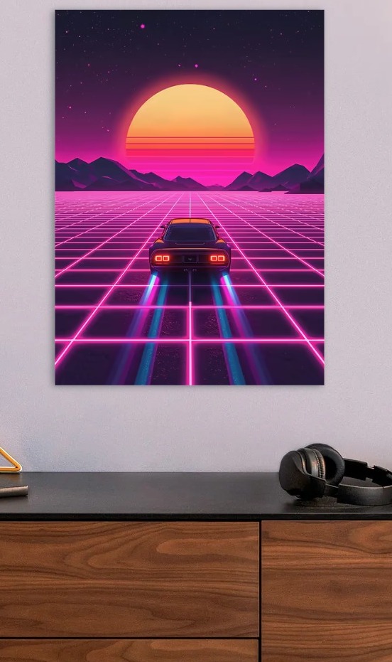Retro Car Driving Towards Neon Sunset