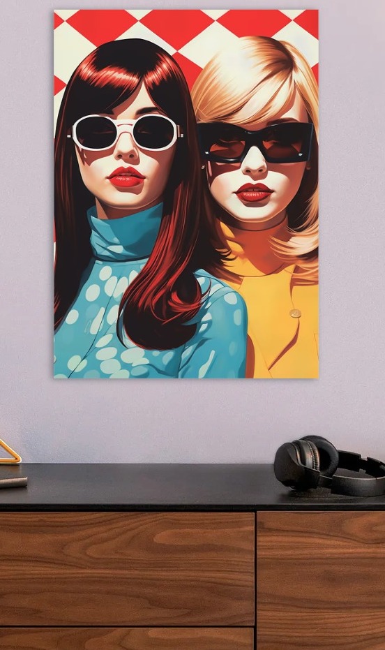 Retro Fashion Portrait of Two Women — metal poster wall art by Lineer