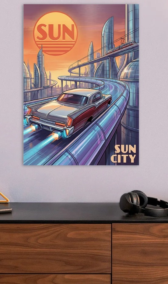 Retro Futuristic Cityscape with Car — metal poster wall art by Lineer