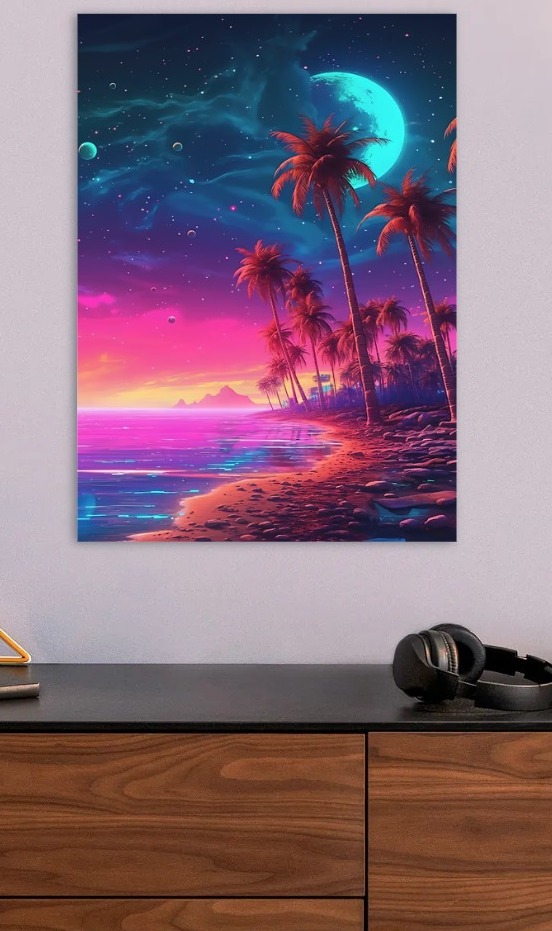 Retro Neon Beach Sunset — metal poster wall art by Lineer