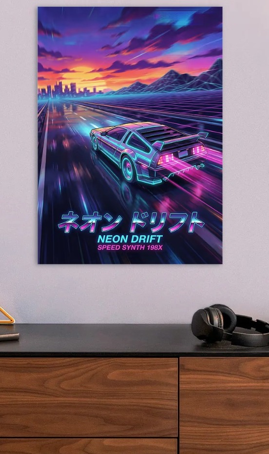 Retro Neon Drift Car — metal poster wall art by Lineer