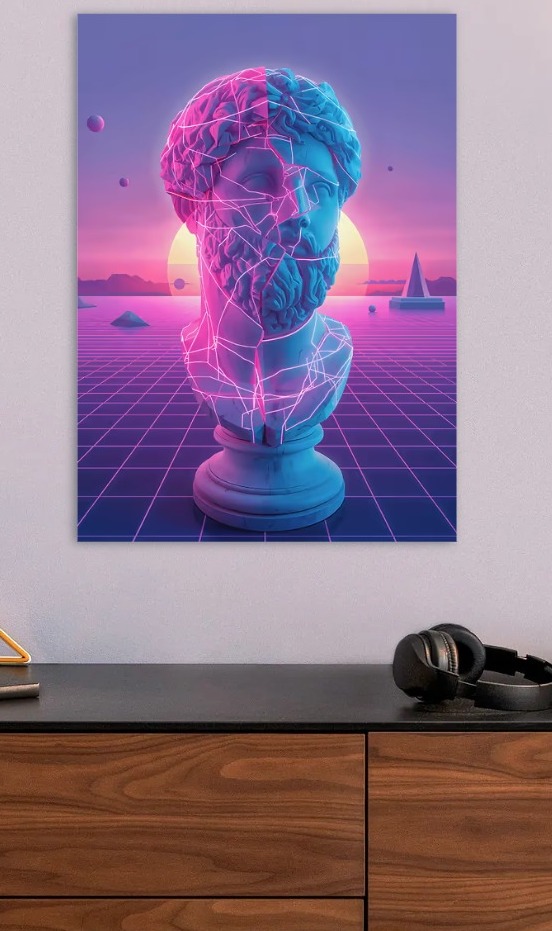 Retro Vaporwave Statue in Neon Grid Landscape — metal poster wall art by Lineer