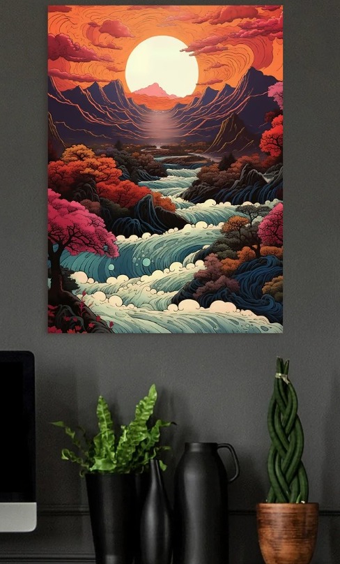 River Landscape with Rising Sun — metal poster wall art by Lineer