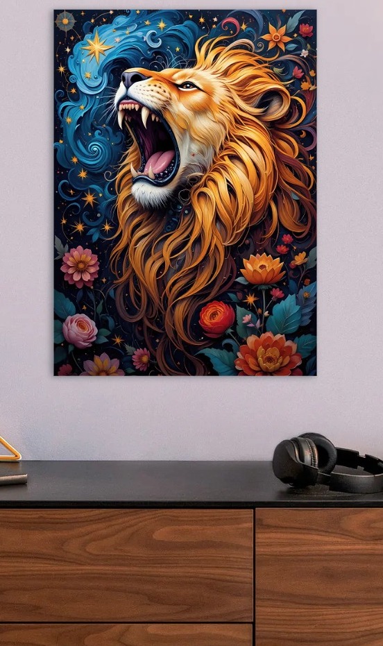 Roaring Lion with Floral and Celestial Background