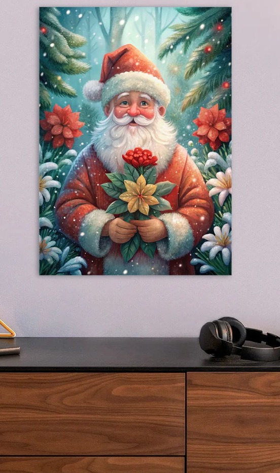 Santa Claus with Flowers in Winter — metal poster wall art by Lineer