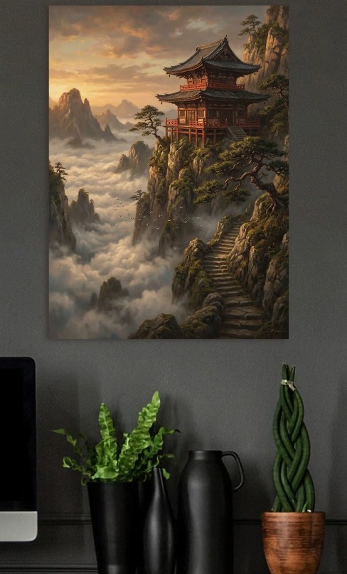 Serene Mountain Temple at Sunrise — metal poster wall art by Lineer