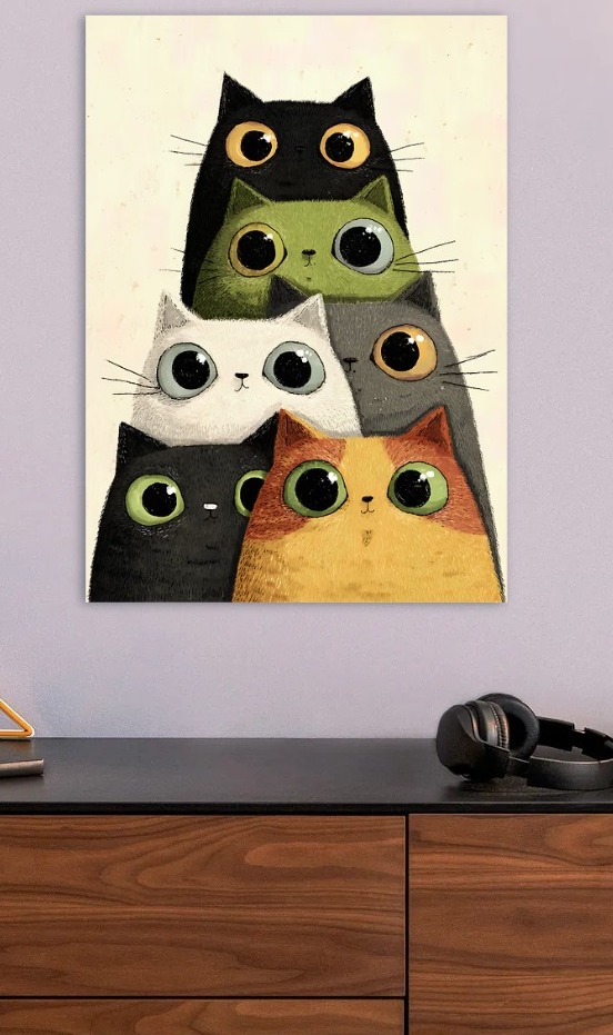 Stack of Cartoon Cats with Big Eyes — metal poster wall art by Lineer