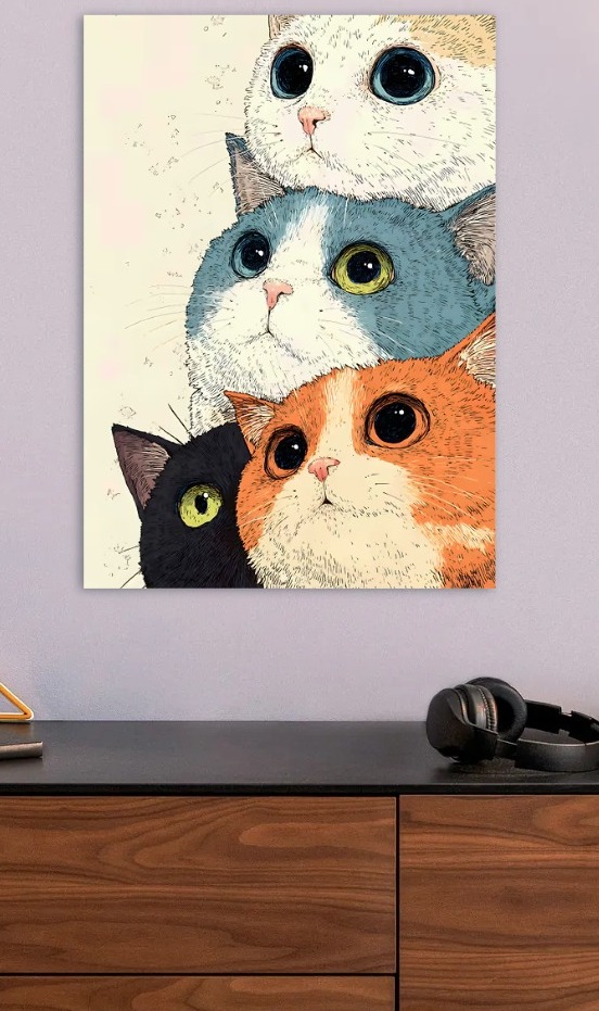 Stack of Four Cute Cats Illustration — metal poster wall art by Lineer