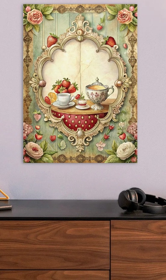 Strawberry Tea Party in Ornate Frame — metal poster wall art by Lineer