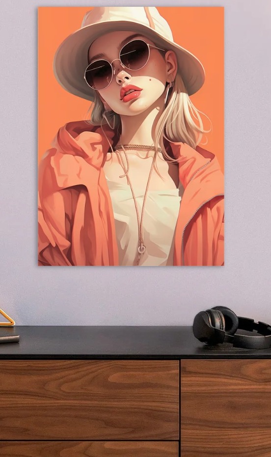 Stylish Woman with Hat and Sunglasses — metal poster wall art by Lineer