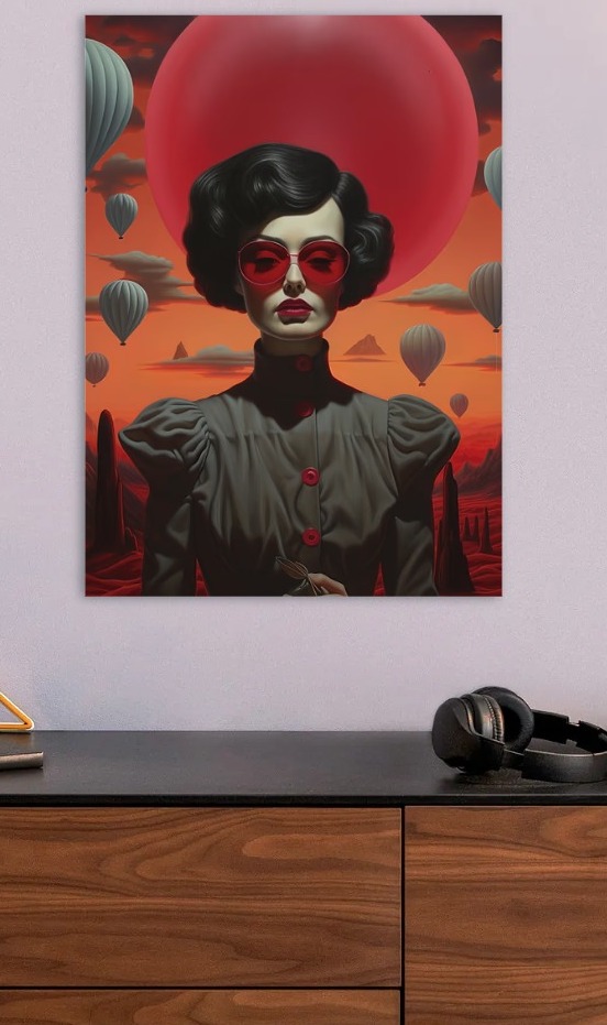 Surreal Portrait with Balloons and Red Background — metal poster wall art by Lineer