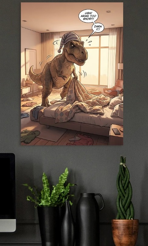 T-Rex in Pajamas Struggles with Blanket — metal poster wall art by Lineer