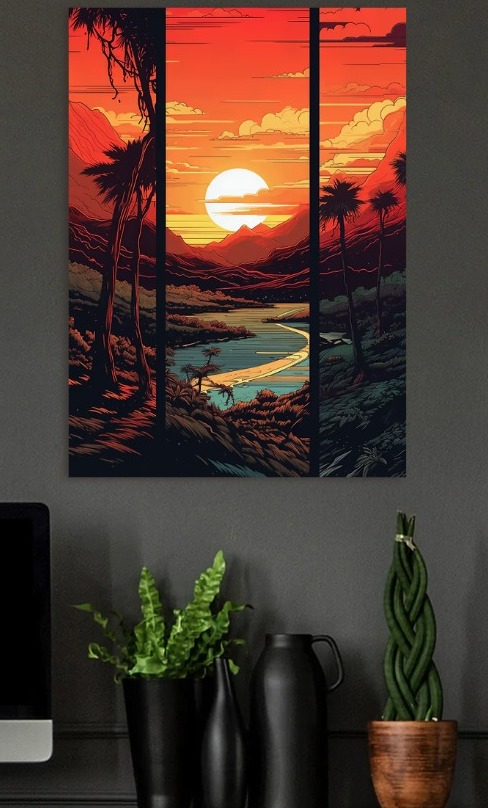 Tropical Sunset Landscape Digital Art — metal poster wall art by Lineer