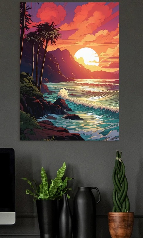 Tropical Sunset Seascape with Palm Trees — metal poster wall art by Lineer