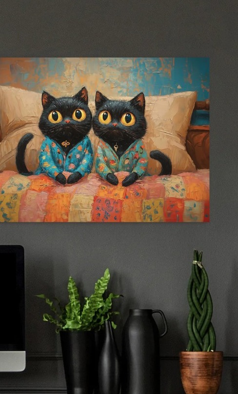 Two Cats in Pajamas on Bed — metal poster wall art by Lineer