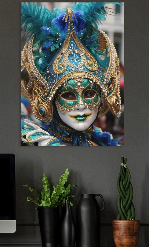 Venetian Carnival Mask with Feathers — metal poster wall art by Lineer