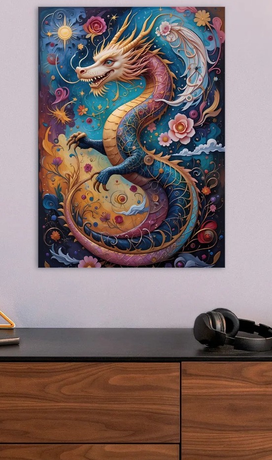 Vibrant Dragon with Floral Background — metal poster wall art by Lineer