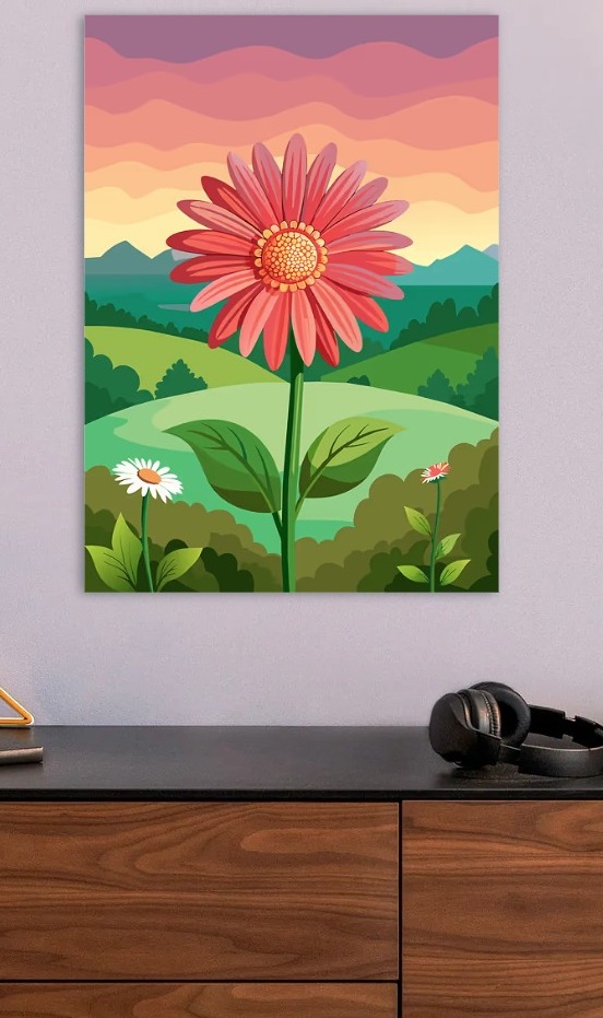 Vibrant Flower Field at Sunset — metal poster wall art by Lineer