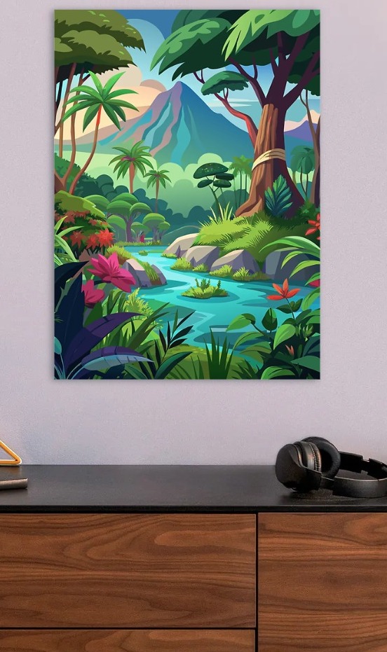 Vibrant Jungle River Landscape — metal poster wall art by Lineer