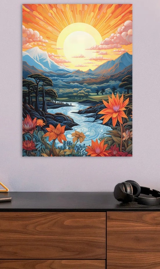 Vibrant Landscape with River and Flowers — metal poster wall art by Lineer