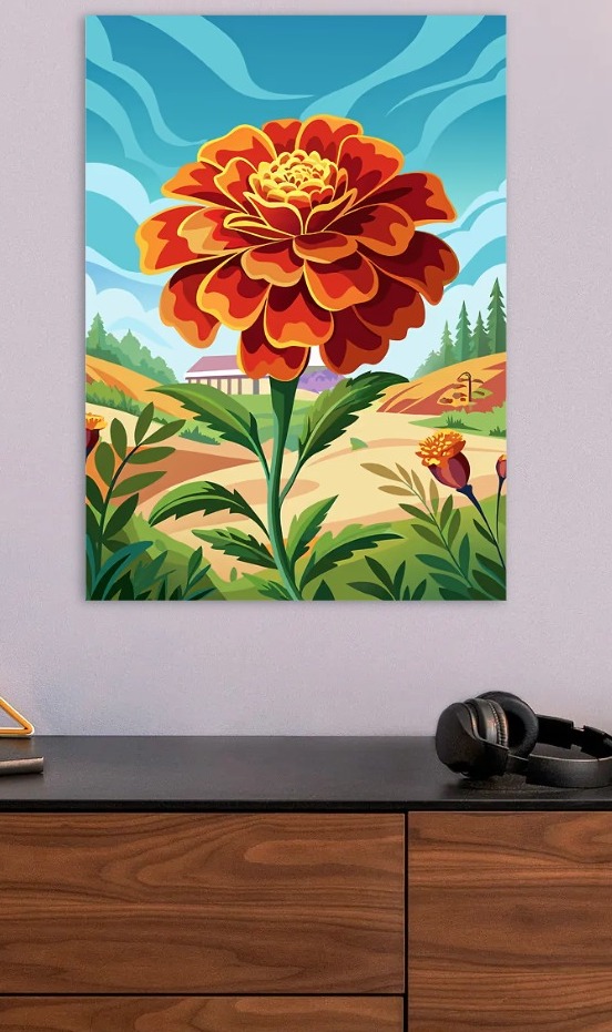 Vibrant Marigold Flower in a Field — metal poster wall art by Lineer
