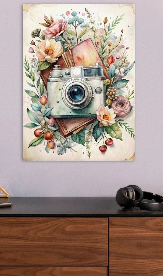 Vintage Camera and Floral Watercolor — metal poster wall art by Lineer
