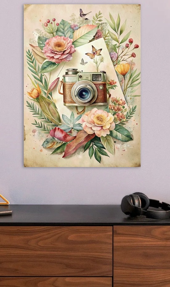 Vintage Camera with Floral Watercolor Accents — metal poster wall art by Lineer