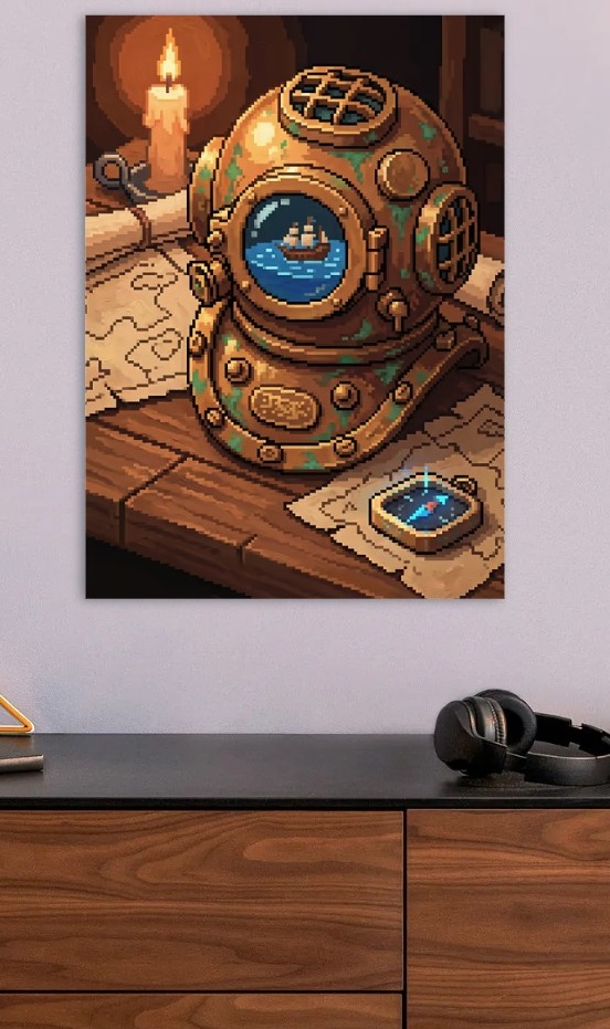 Vintage Diving Helmet and Maps — metal poster wall art by Lineer